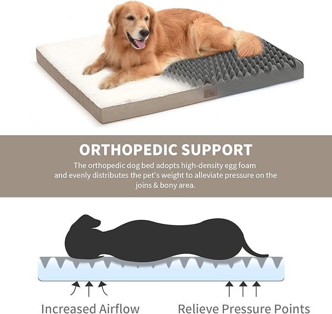 Orthopedic Dog Bed for Extra Large Dogs, XL Comfort Pet Mat for Large Sized Dog 44x32 Inch, Egg Crate Foam with Removable Washable Oxford Cover, Khaki White