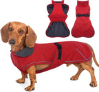 Dachshund Coat Warm Winter Dog Coat - Red, XLarge - Waterproof Dachshund Coat with Fleece Lining, Adjustable Buckle Closure Dachshund Clothes, Christmas Dachshund Snowsuit Harness Hole