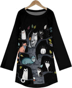 Womens Tunic Shirt Cute Cat Print Long Sleeve Round Neck Women T Shirts Cotton Casual Plus Size Vacation Tunics Tops