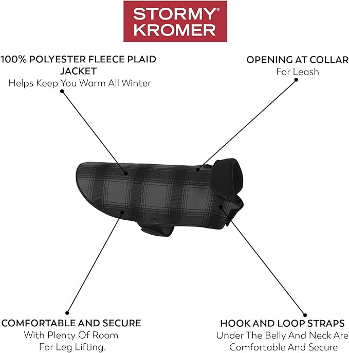 Stormy Kromer Fleece Dog Jacket, Black/Gray Plaid, Large