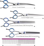 Left Handed Dog Grooming Scissors Kit 7 in Professional Curved Thinning Straight Shears 3pcs Set for Grooming Dogs Cat Pet Japanese 440C Stainless Steel(7.0'' Kit, 4Pcs)