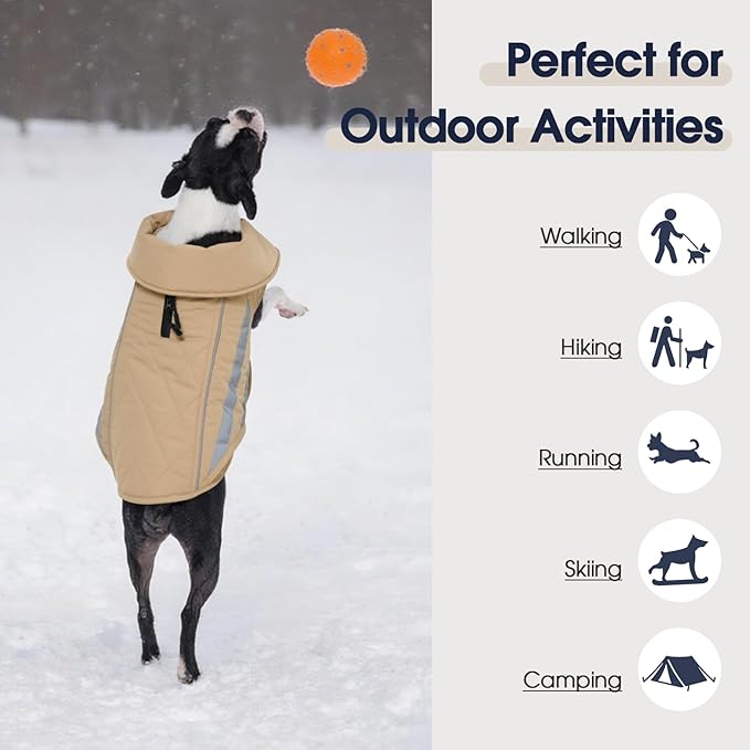 IECOii Dog Cold Weather Coats - Waterproof Winter Snow Jacket with Cozy Fleece Lining, Adjustable & Reflective Coat for Pitbull Cold Weather, Mashine Washable, Khaki, Sizes XL
