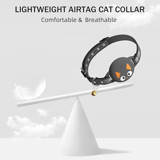 Airtag Cat Collar Breakaway, Reflective Kitten Collar with Apple Air Tag Holder and Bell for Girl Boy Cats, Lightweight Cat Collars for Apple AirTag, Hidden GPS Tracker Holder for Cats, Black (9-13")