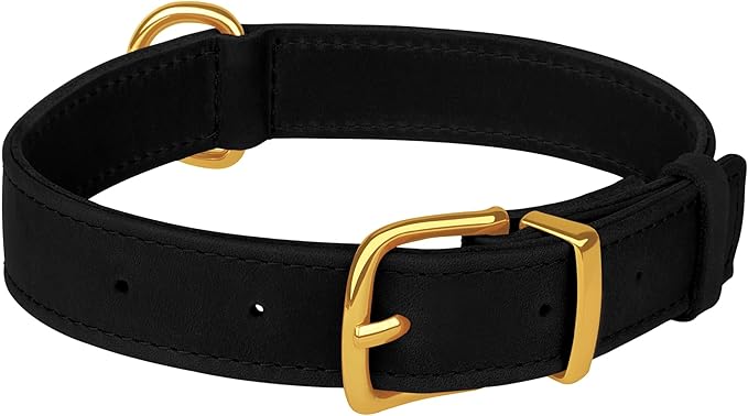 Leather Dog Collar - Heavy Duty Adjustable Soft Padded Pet Collars for Small Medium Large Dogs Breed - Black Green Brown Pink Red Blue (Black, L, 15"-19" Neck Fit)