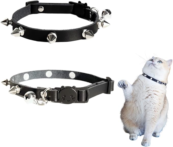 Spiked Cat Collar with Bells, Breakaway Genuine Leather Protective Collar for Kitty, Studs Spikes Punk Style Adjustable for Girl Boy Kittens Small Bunny Rabbit, 10"-12" Black