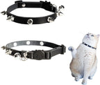 Spiked Cat Collar with Bells, Breakaway Genuine Leather Protective Collar for Kitty, Studs Spikes Punk Style Adjustable for Girl Boy Kittens Small Bunny Rabbit, 8"-9.5" Black