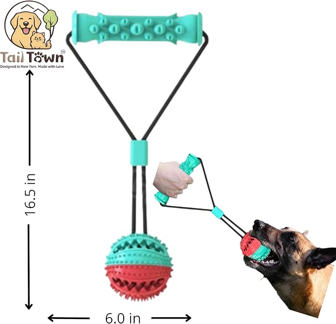 Dog Ball with Rope – Durable TPR Chew Toy for Tug, Fetch & Dental Cleaning – Treat Dispensing Interactive Toy for Small, Medium & Large Dogs – Indoor Outdoor Play Training by Tail Town