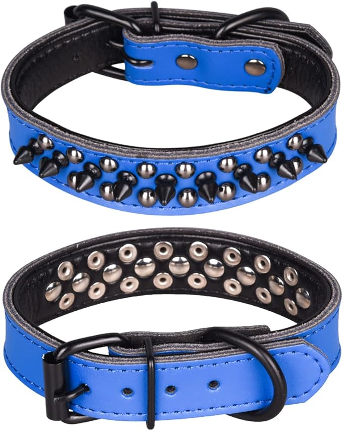 Adjustable Genuine Leather Spiked Studded Dog Collars for Small Medium Large Pets Like Pit Bull Bulldog Pugs Husky (L, Dark Blue1)