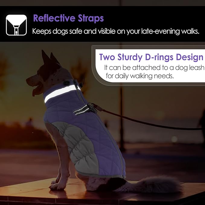 AOFITEE Dog Coat, Warm Dog Winter Coat, Reflective Turtleneck Large Dogs Jacket with Harness Built in, Turtleneck Pet Winter Jacket, Waterproof Pet Snow Jackets Fleece Vest, Lilac XL