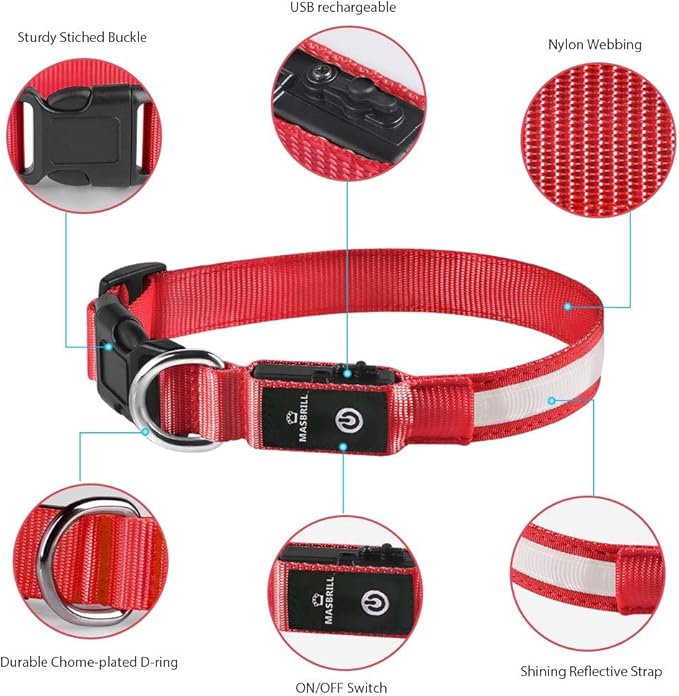 MASBRILL LED Dog Collar,Light Up Dog Collars Rechargeable Waterproof Night Walking Glow Dog Collar for Small Medium Large Dogs