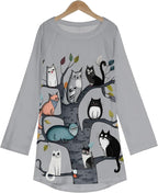 Womens Tunic Shirt Cute Cat Print Long Sleeve Round Neck Women T Shirts Cotton Casual Plus Size Vacation Tunics Tops