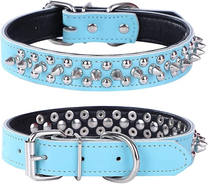 Adjustable Genuine Leather Spiked Studded Dog Collars for Small Medium Large Pets Like Pit Bull Bulldog Pugs Husky (M, Light Blue)