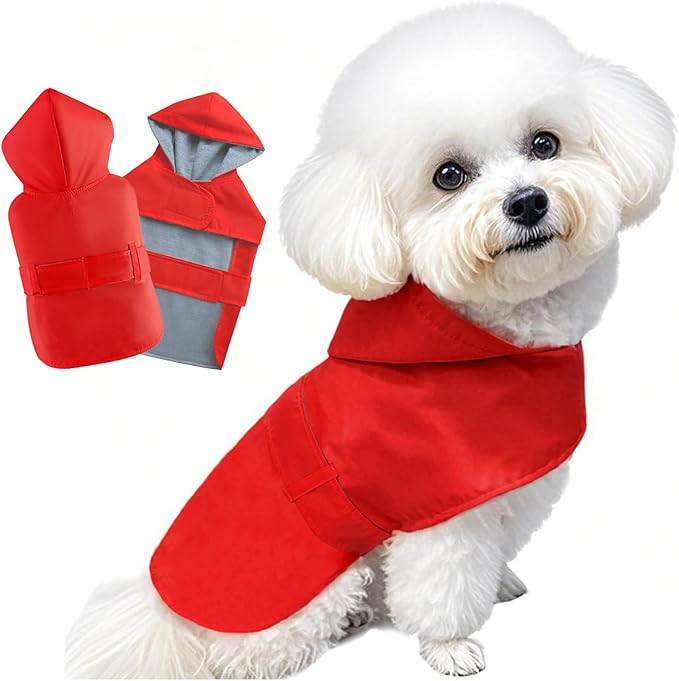 Dog Raincoat Dog Rain Jacket Poncho Waterproof Pet Rain Suit Double Layer Breathable Lining Hooded Leash Hole Adjustable Puppy Small Medium Dogs,Red,L