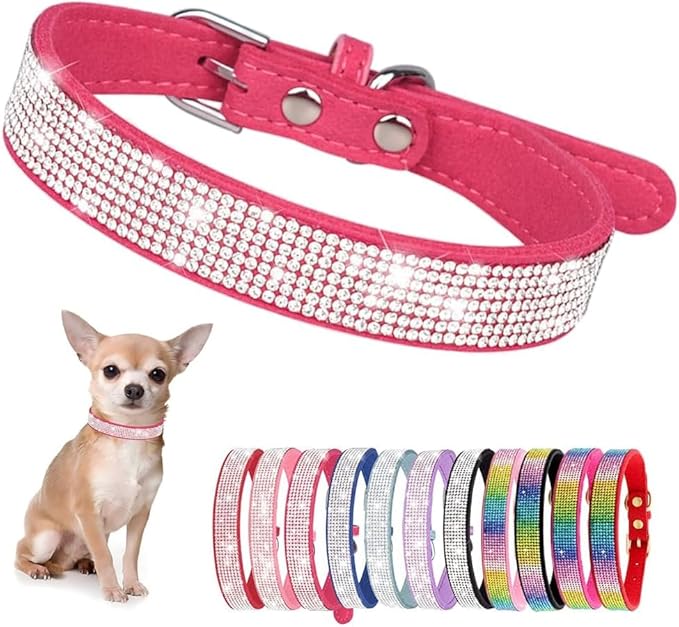 Serijoars Small Dog Collar with Rhinestone Crystal Diamond Colorful Bling Girl Puppy Cat Collars (XXS, Hot Pink)