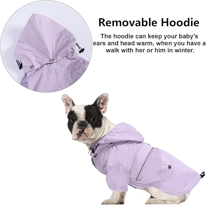 Morezi Dog Zip Up Raincoat with Reflective Buttons, Rain/Water Resistant, Adjustable Drawstring, Removable Hood, Raincoats with Legs 8lbs to 80lbs Available - Purple - XS