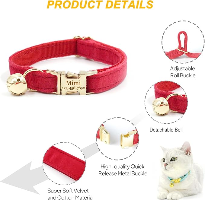 Personalized Cat Collar with Bells,Velvet Customized Small Cat Collar with Name Tag,Pet Collar with Name Phone Number Engraved ID Tags for Boy and Girl Kitten Cats (Tibetan Blue)