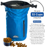 Callieco Dog Food Travel Bag w/ 1 Cup Scoop and Zipper Side Pocket | Waterproof Kibble Storage Container for Home, Road Trips, Camping, Boarding and More (Blue, 32 Cups)