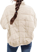 LIZALIG Warm Padded Coat for Women Full Zip Quilted Jackets Winter Oversized Causal Solid Color Stand Collar Pockets Coat