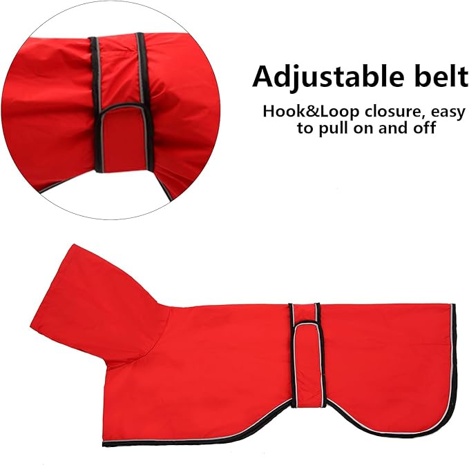 Dog Raincoat with Reflective Bar, Rain/Water Resistant, Adjustable Vest - Dog Raincoats for Greyhounds, Lurchers and Whippets - Red - L