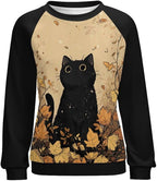 Abstract Cute Cat Shirts for Women Long Sleeve Lady Crewneck Pullover Sweatshirt Fall Winter Oversized Tops