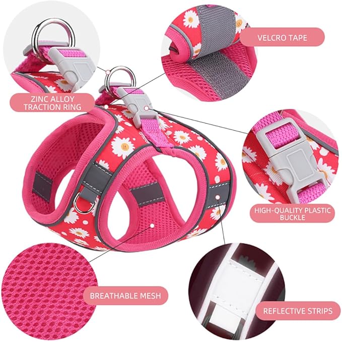 Step-in Dog Harness and Leash Set, Purple, Small/Medium, Floral Pattern, 360-Degree Reflective Design for Low Light Safety