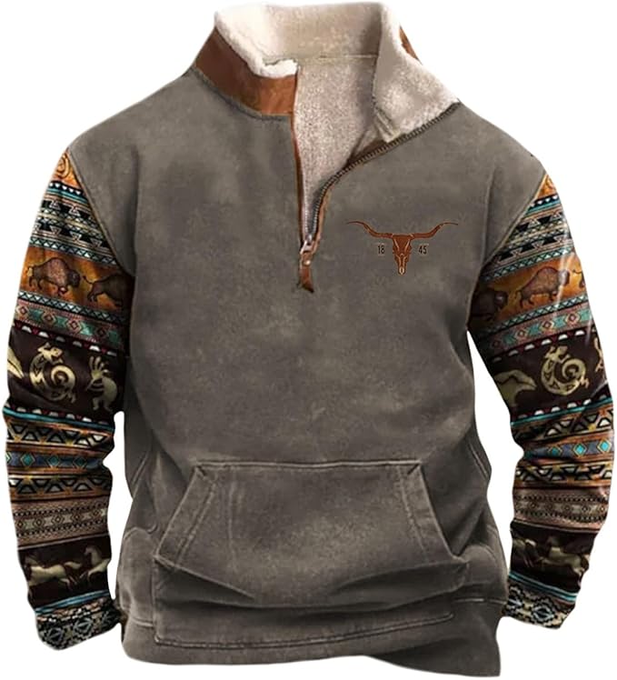 HOTYD Western Jackets for Men Cowboy Sweatshirts Vintage Ethnic Graphic Casual Long Sleeve Top 1/4 Zip Pullover Hoodies
