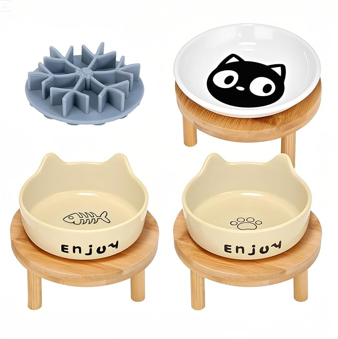 3PCS Elevated Cat Bowls,Wide Raised Ceramic Pet Dishes with Bamboo Stand, Whisker Friendly Pet Water or Food Plates Feeding Station for Indoor Small Dogs, Kitten (Yellow(3PCS))