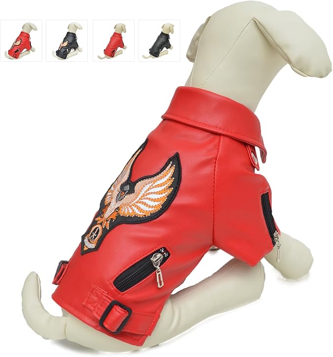 Lovelonglong Cool Dog Leather Jacket, Warm Coats Dogs Windproof Cold Weather Coats for Large Medium Small Dogs with Eagle Embroidery Red L