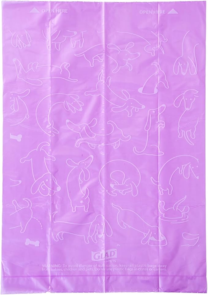 Glad for Pets Scented Waste Bags, Tear Resistant Pet Poop Pick-up Bags with Leak Protection, Fresh Lavender Scent, Purple Designs, 6 rolls, 90 bags total