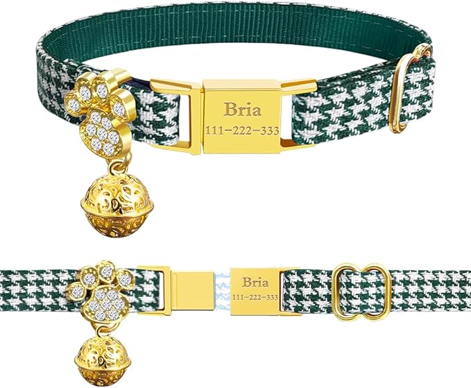 Personalized Breakaway Cat Collars - Magnetic Buckle, Bell - Safety Quick Release, Customized for Girls & Boys Cats- (Houndstooth-Green)