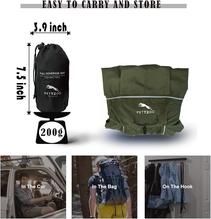Dog Lightweight Windbreaker, Dog Outdoor 4-Legs Jacket, 0.5 lbs,Durable Water Repellent, Hooded, Easy on/Off with Collar and Harness, Reflective, Packable,Dark Olive -XXX-Large (Male)