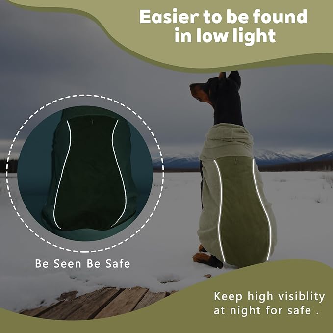 IECOii Dog Fleece Sweater for Medium Dogs, Dog Pullover Sweatshirt with Leash Hole & Reflective Stripes, Stretchable & Cozy Dogs Hoodie Windproof Hooded Sweaters for Fall Winter Walks, Green, L