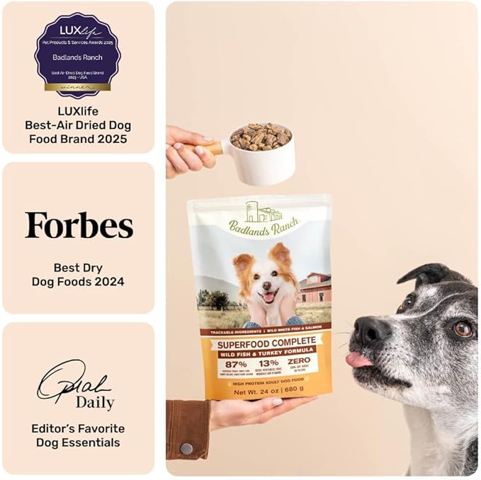 BADLANDS RANCH- Superfood Complete, Air-Dried Adult Dog Food - High Protein, Zero Fillers, Superfood Nutrition by Katherine Heigl (24 oz. Wild Fish and Turkey Formula)