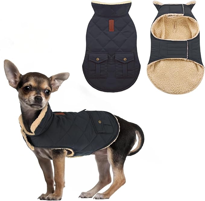 ASENKU Warm Dog Winter Coat, Waterproof Dog Coat for Cold Weather, Fleece Dogs Jacket with Ultra Thick Plush Lining Leash Hole Storage Pockets for Small Dogs (Navy Blue, X-Small)