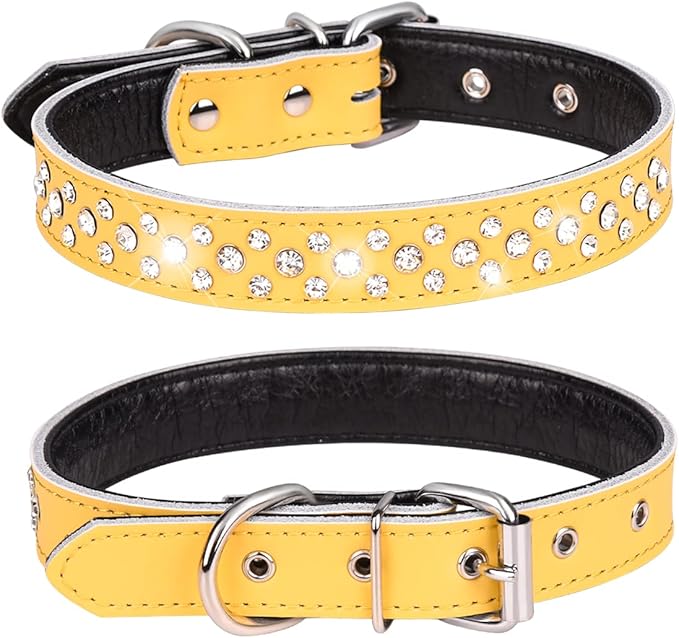 Rhinestones Dog Collar, Adjustable Sparkly Crystal Studded Genuine Leather Pet Dog Collar for Small and Medium Dogs (M, Yellow)