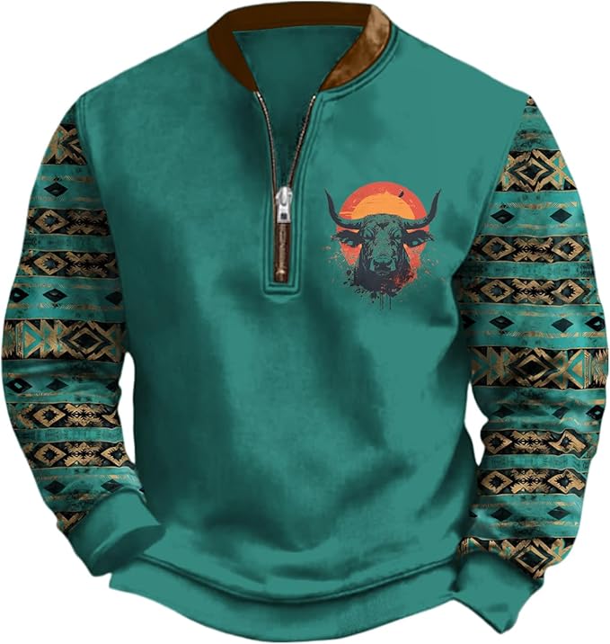 HOTYD Aztec Cowboy Jacket Men Vintage Bullhorn Printed Oversized Western Sweatshirt Long Sleeve Quarter Zip Pullover