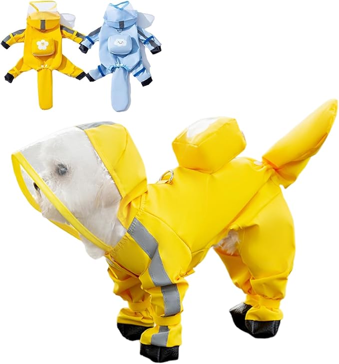 Small Dog Raincoat with Legs, Ideal for Teddy Bears, Waterproof Full Coverage with Mini Backpack, Reflective Hoodie and Detachable Tail (Yellow, Small(Suggest Weight 3.3-5.5lb))