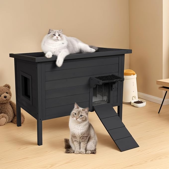 BRIOPAWS Outdoor-Cat-House-Insulated | Feral-Cat-Shelter for Winter | Weatherproof | Large Wooden Pet House for Multiple Cats | Foldable Ladder | Acrylic Side Window | Black