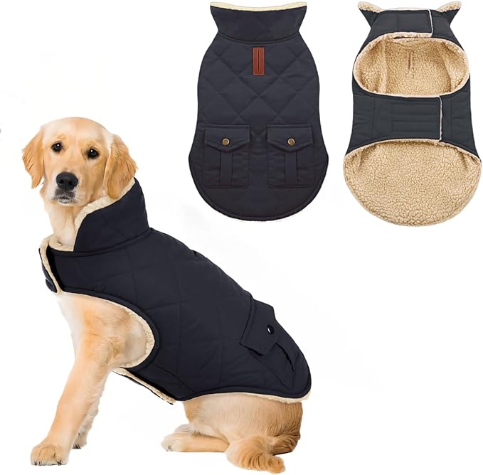 ASENKU Warm Dog Winter Coat, Waterproof Dog Coat for Cold Weather, Fleece Dogs Jacket with Ultra Thick Plush Lining Leash Hole Storage Pockets for Large Dogs (Navy Blue, Large)