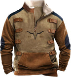 HOTYD Western Jackets for Men Cowboy Sweatshirts Vintage Ethnic Graphic Casual Long Sleeve Top 1/4 Zip Pullover Hoodies