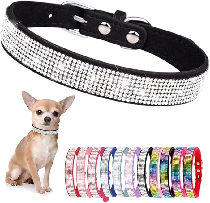 Serijoars Small Dog Collar with Rhinestone Crystal Diamond Colorful Bling Girl Puppy Cat Collars (L, Black)