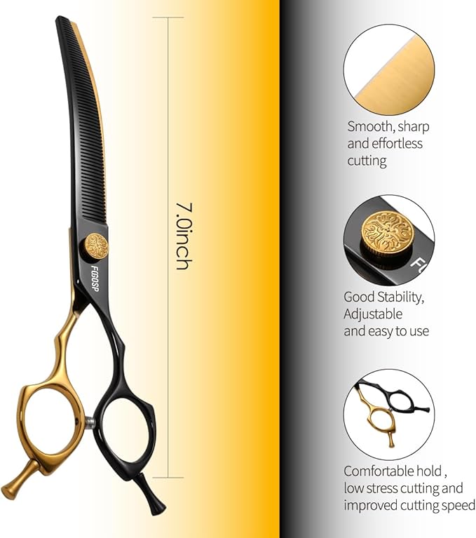 Curved Thinning Shears Dog Grooming 7.5 in Black & Gold Two Color Multipurpose Professional Dog Grooming Scissors for Large Pet 66 Teeth Japan 440C