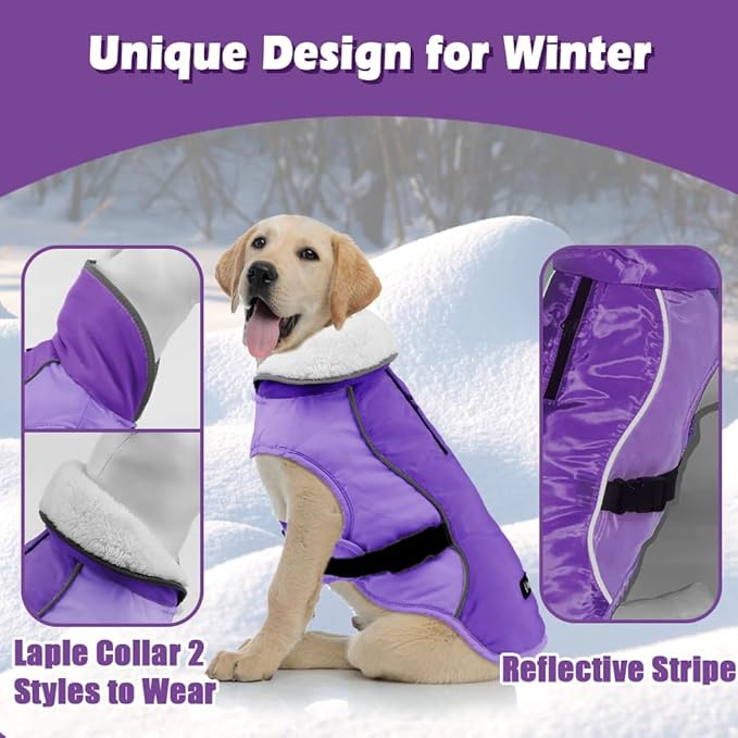 EMUST Dog Coat for Winter, Cozy Winter Jackets for Small/Medium/Large Dogs, Solid Color Dog Apparel for Cold Weather with Fleece Lining,New Purple, XXXL