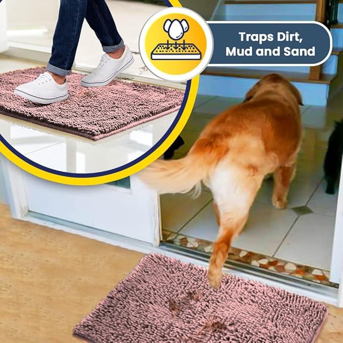 Muddy Mat® AS-SEEN-ON-TV Highly Absorbent Microfiber Door Mat and Pet Rug, Non Slip Thick Washable Area and Bath Mat Soft Chenille for Kitchen Bedroom Indoor and Outdoor - Light Pink 24" x 72"