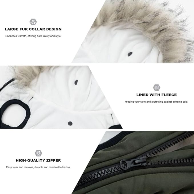 PINA Winter Coat with Waterproof Fabric and Faux Fur Hood, Dog Jacket with Reflective Strap for Small to Large Dogs, Green, S