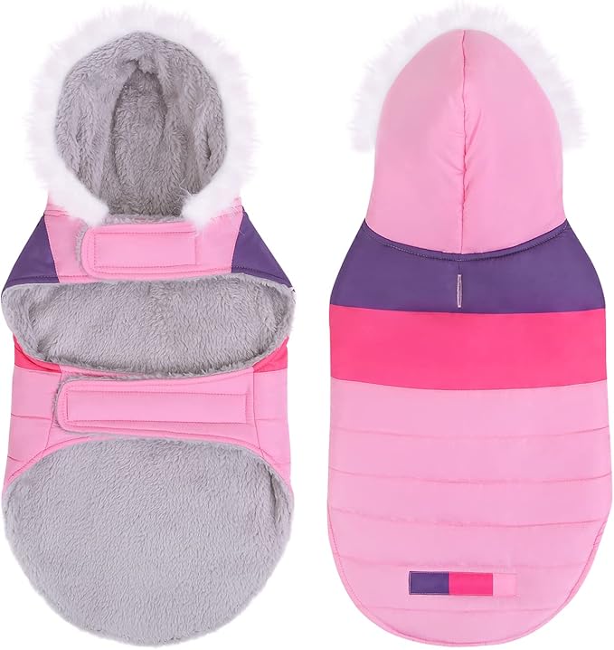HDE Dog Puffer Jacket Fleece Lined Warm Dog Parka Winter Coat with Harness Hole Pink Stripe - XL
