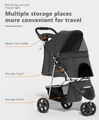 Pet Stroller with 3 Wheels for Small/Medium Pets, Portable Travel Foldable Carrier Jogger for Dog Cat Puppy Kitty, Rear Wheel Breaks, Storage Basket, Visible Mesh with Weather Cover (Black)