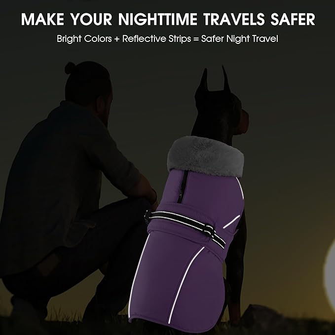 PETDSH Dog Coat Large, Windproof Dog Jacket with Warm Fleece Lining, Thickened Collar Dogs Winter Coat, Adjustable Reflective Pet Coats for Cold Weather (Purple, X-Large)