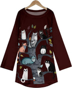 Womens Tunic Shirt Cute Cat Print Long Sleeve Round Neck Women T Shirts Cotton Casual Plus Size Vacation Tunics Tops