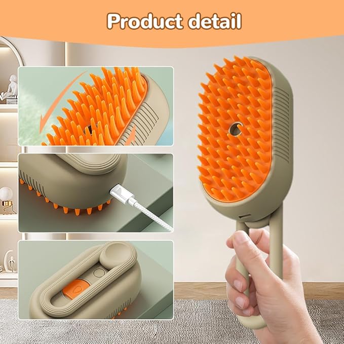 2025 New Cat Steam Brush, 3 in 1 Pet Steam Groomer Comb, Rechargeable Pet Steam Groomer Brush for Massaging and Cleaning Shedding Pets Hair, Anti-Static Hair Removal Comb for Cats Dogs (Khaki)